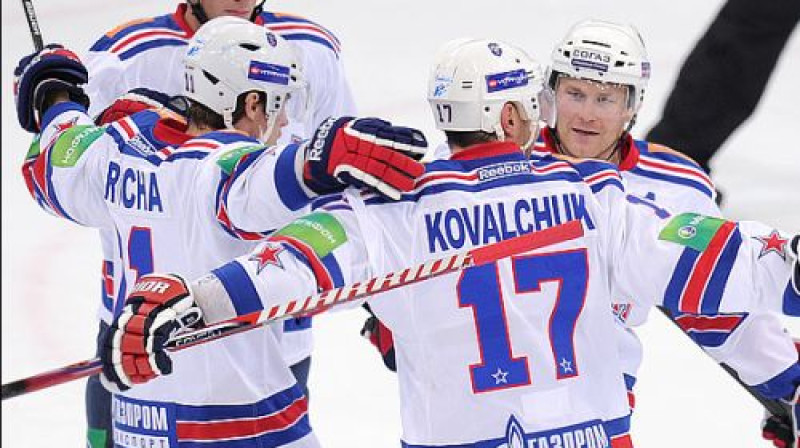 Iļja Kovaļčuks kopā ar partneriem svin pirmos vārtus
Foto: KHL