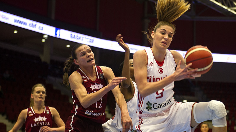 Anete Šteinberga:  smags darbs zem groziem pārbaudes spēlē ar Turcijas izlasi.
Foto: CBF/Vaclav Mudra