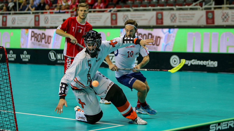 Maiks Trolle Vede dāņu komandas vārtos kārtējo reizi bija lielisks
Foto: Ritvars Raits, IFF Floorball