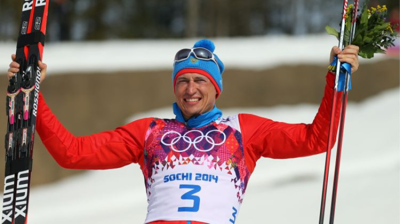 Aleksandrs Ļegkovs pēc uzvaras Soču olimpiādē 50km distancē
Foto: TASS/Scanpix