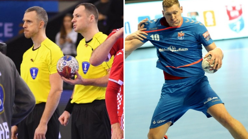 Tiesnešu pāris Zigmārs Sondors/Renārs Līcis un handbolists Dainis Krištopāns 
Foto: EHF/Meshkov Brest