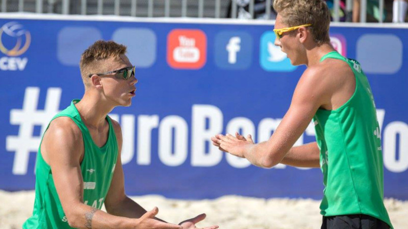 Kristaps Šmits un Mihals Samoilovs 
Foto: Rainer Mirau / Beachvolleyball Baden