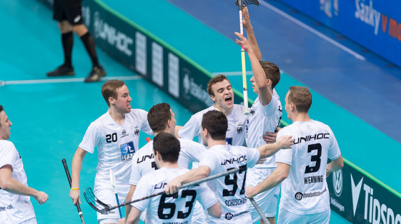 Vācieši pēc uzvaras pār dāņiem nodrošinājuši vismaz sesto vietu un iespēju vēlreiz tikties ar Latviju
Foto: IFF Floorball