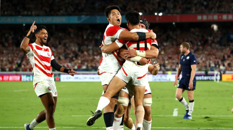 Japānas regbisti līksmo. Foto: Rugby World Cup