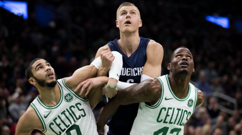 Kristaps Porziņģis pret "Celtics". Foto: USA Today Sports/Scanpix