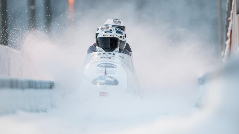 Oskars Ķibermanis un viņa ekipāža treniņos. Foto: Viesturs Lācis/IBSF