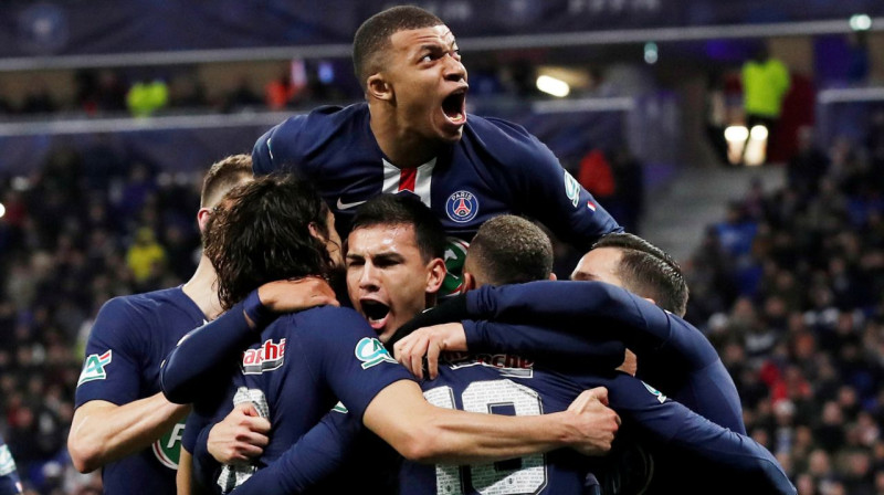 Kilians Mbapē un PSG komandas biedri. Foto: Reuters / Scanpix