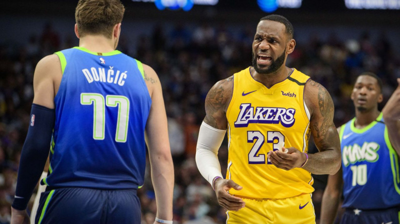 Luka Dončičs un Lebrons Džeimss. Foto: USA Today Sports/Scanpix