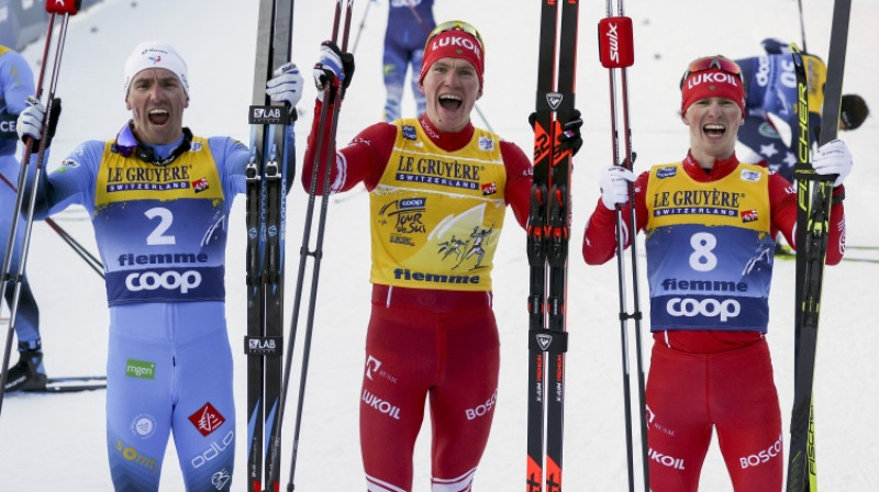 Moriss Manifakā, Aleksandrs Boļšunovs un Deniss Spicovs. Foto: AP/Scanpix