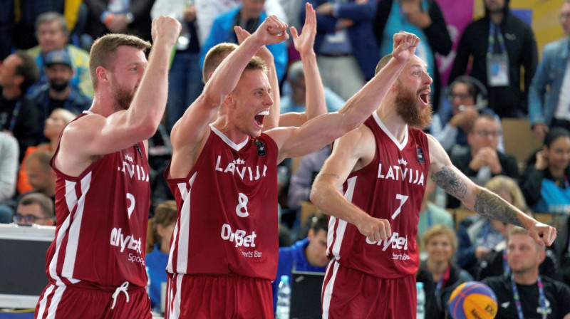 Latvijas 3x3 basketbola komanda Eiropas spēlēs. Foto: Edijs Pālens/LETA/LOK