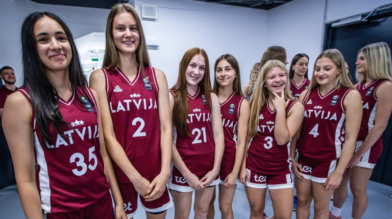 Latvijas U16 basketbolistes, priekšplānā Šarlote Skrebele un Sindija Sondore. Foto: FIBA