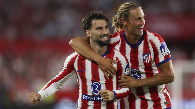 Madrides "Atletico" uzbrucējs Alekss Baena svin vārtu guvumu. Foto: IMAGO/Antonio Pozo / PRESSINPHOTO/Scanpix