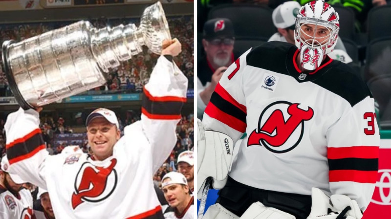 Martins Brodērs un Konors Helebaks. Foto: Dave Sandford/NHL-HHOF/New Jersey Devils