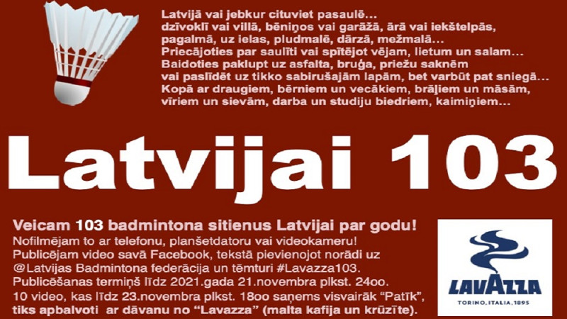 Latvijas svētku nedēļā izaicina veikt 103 badmintona sitienus